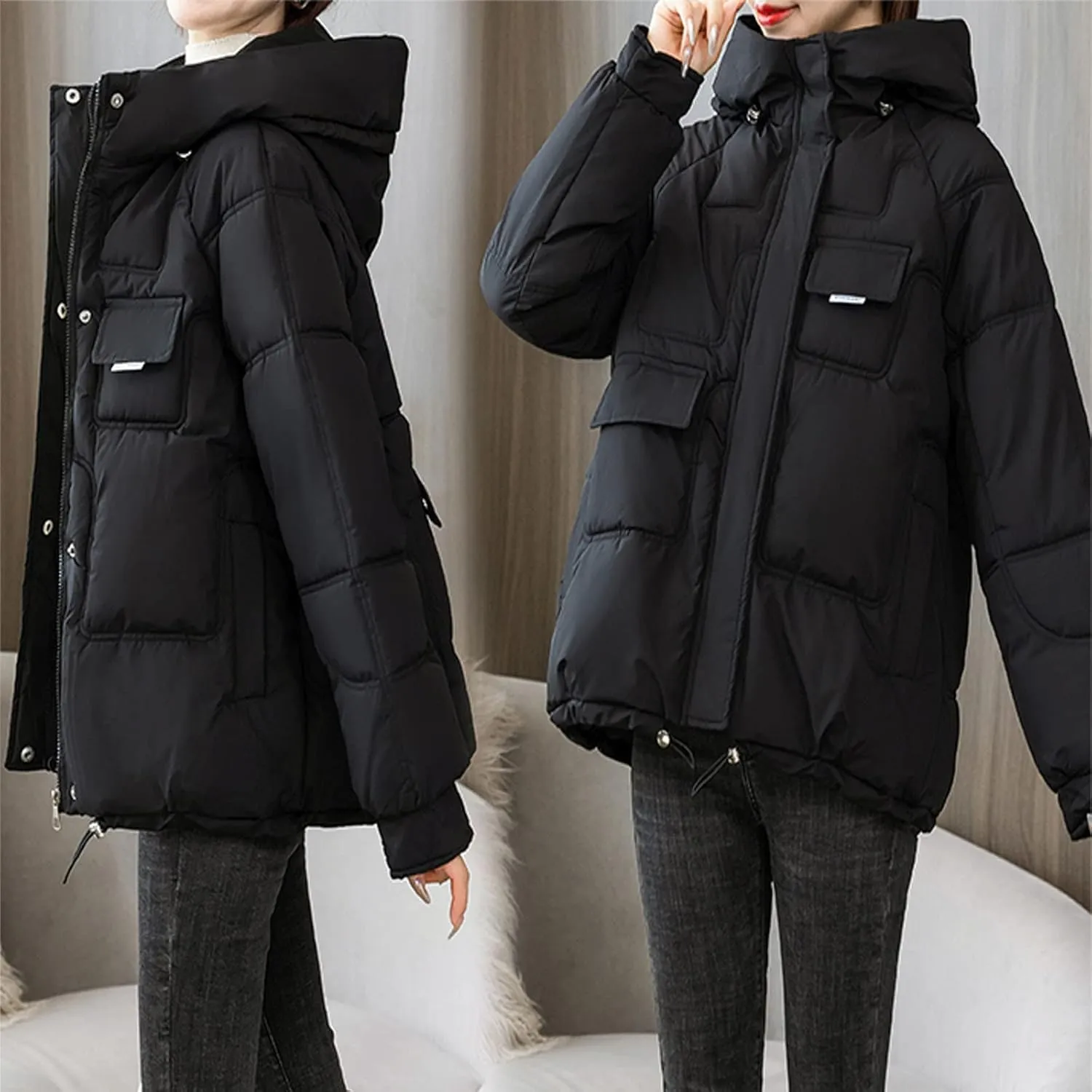 DASAYO Womens Thicken Drawstring Hooded Puffer Parka Jacket Windbreaker Warm Outdoor Coats Cotton Padded Puffy Baggy Overcoat
