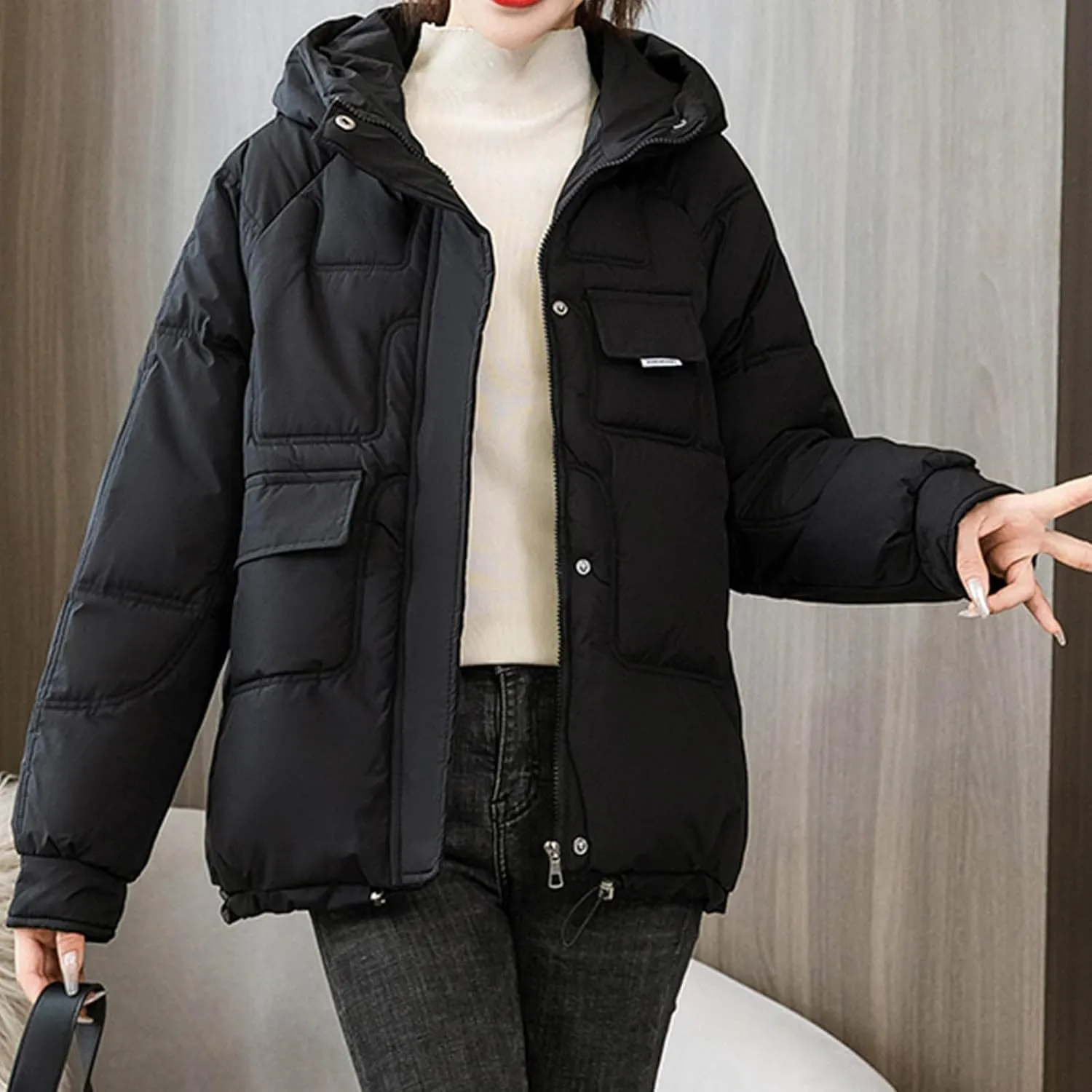 DASAYO Womens Thicken Drawstring Hooded Puffer Parka Jacket Windbreaker Warm Outdoor Coats Cotton Padded Puffy Baggy Overcoat