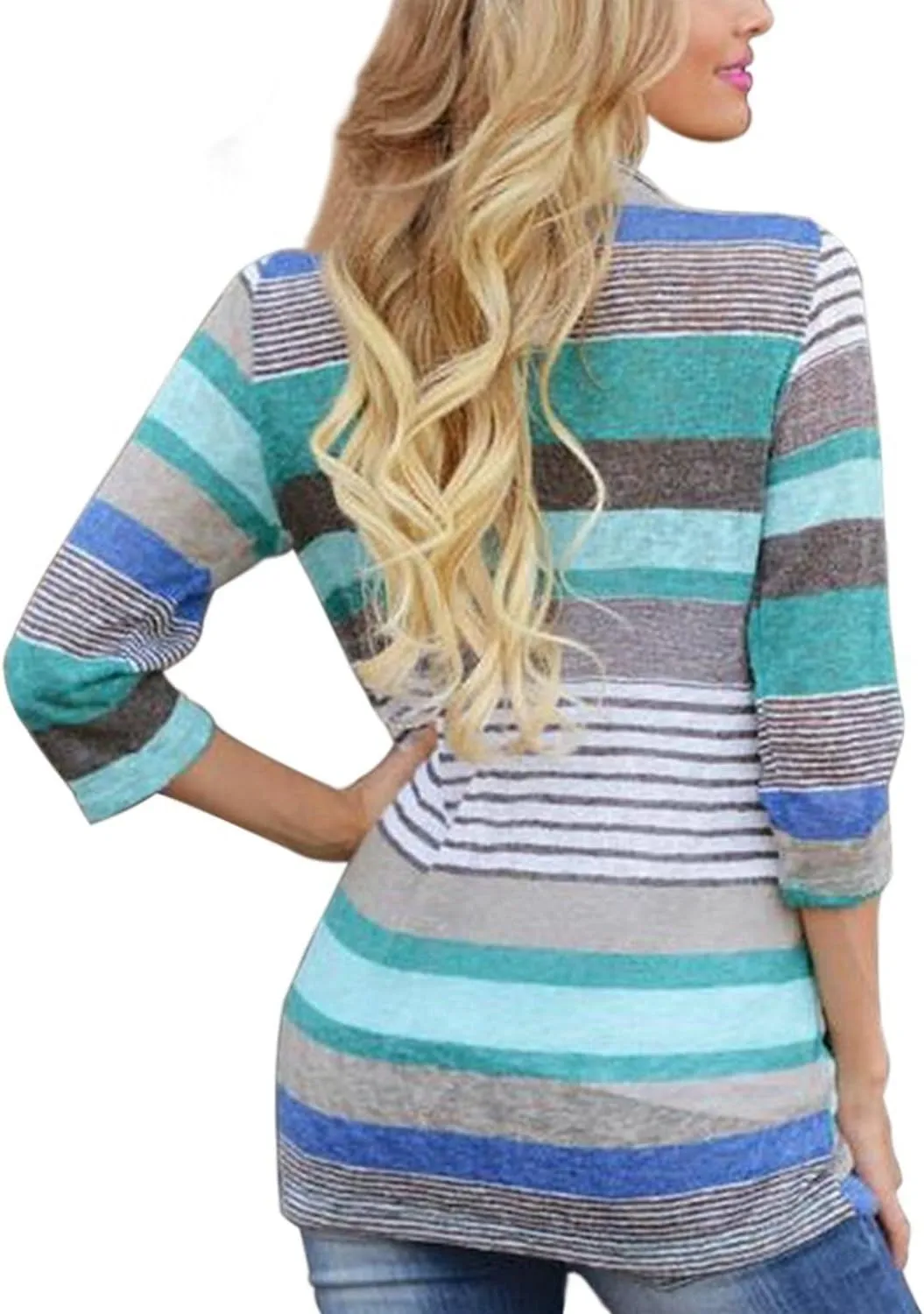 DEARCASE Women's Open Front Cardigans 3/4 Sleeve Draped Striped Printed Sweater Jackets Draped Kimono Loose Cardigan