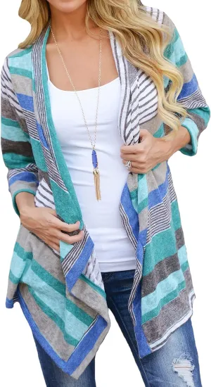 DEARCASE Women's Open Front Cardigans 3/4 Sleeve Draped Striped Printed Sweater Jackets Draped Kimono Loose Cardigan