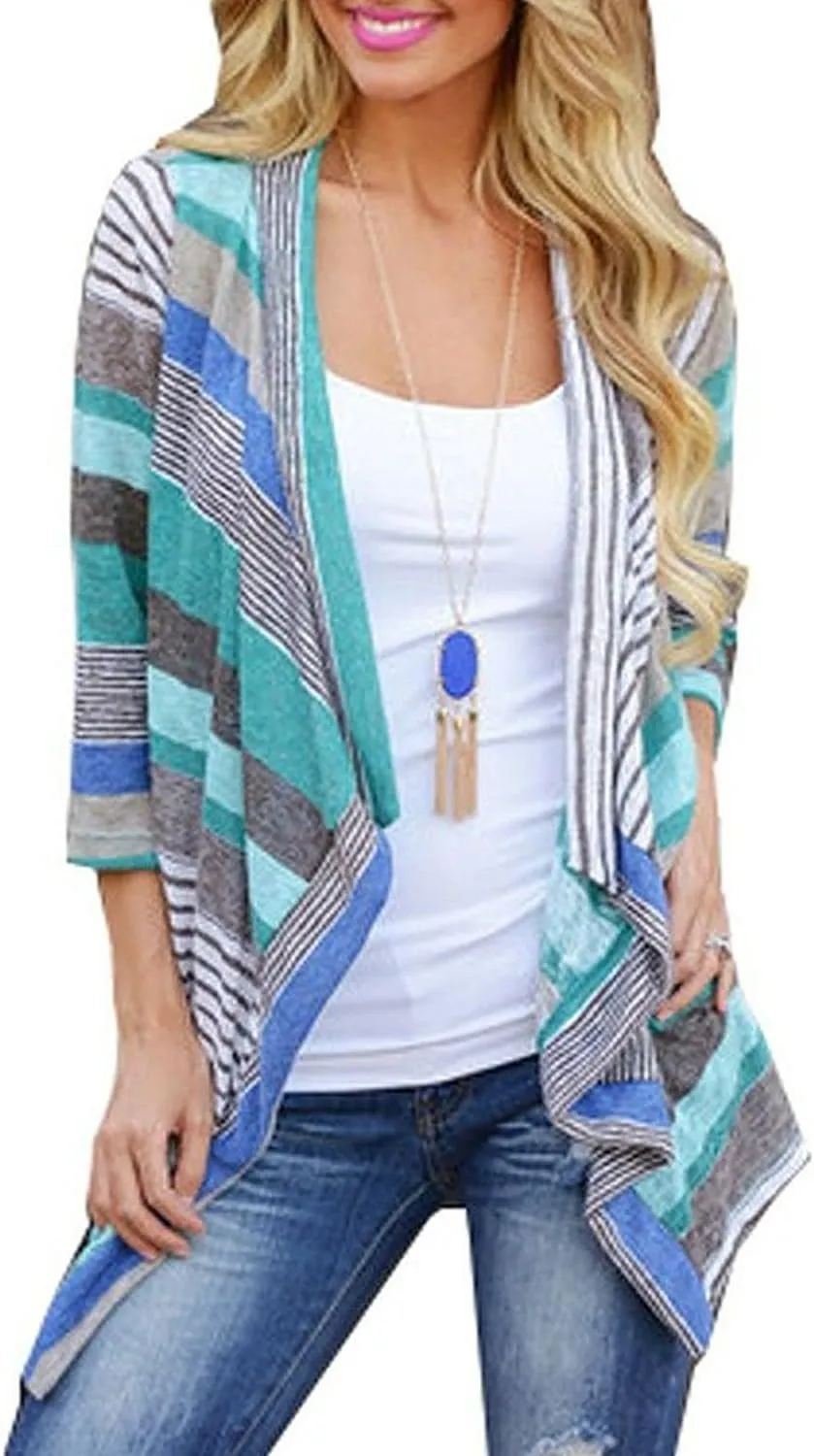 DEARCASE Women's Open Front Cardigans 3/4 Sleeve Draped Striped Printed Sweater Jackets Draped Kimono Loose Cardigan