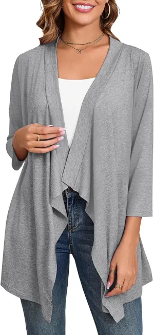 DEARCASE Women's Open Front Cardigans 3/4 Sleeve Draped Striped Printed Sweater Jackets Draped Kimono Loose Cardigan