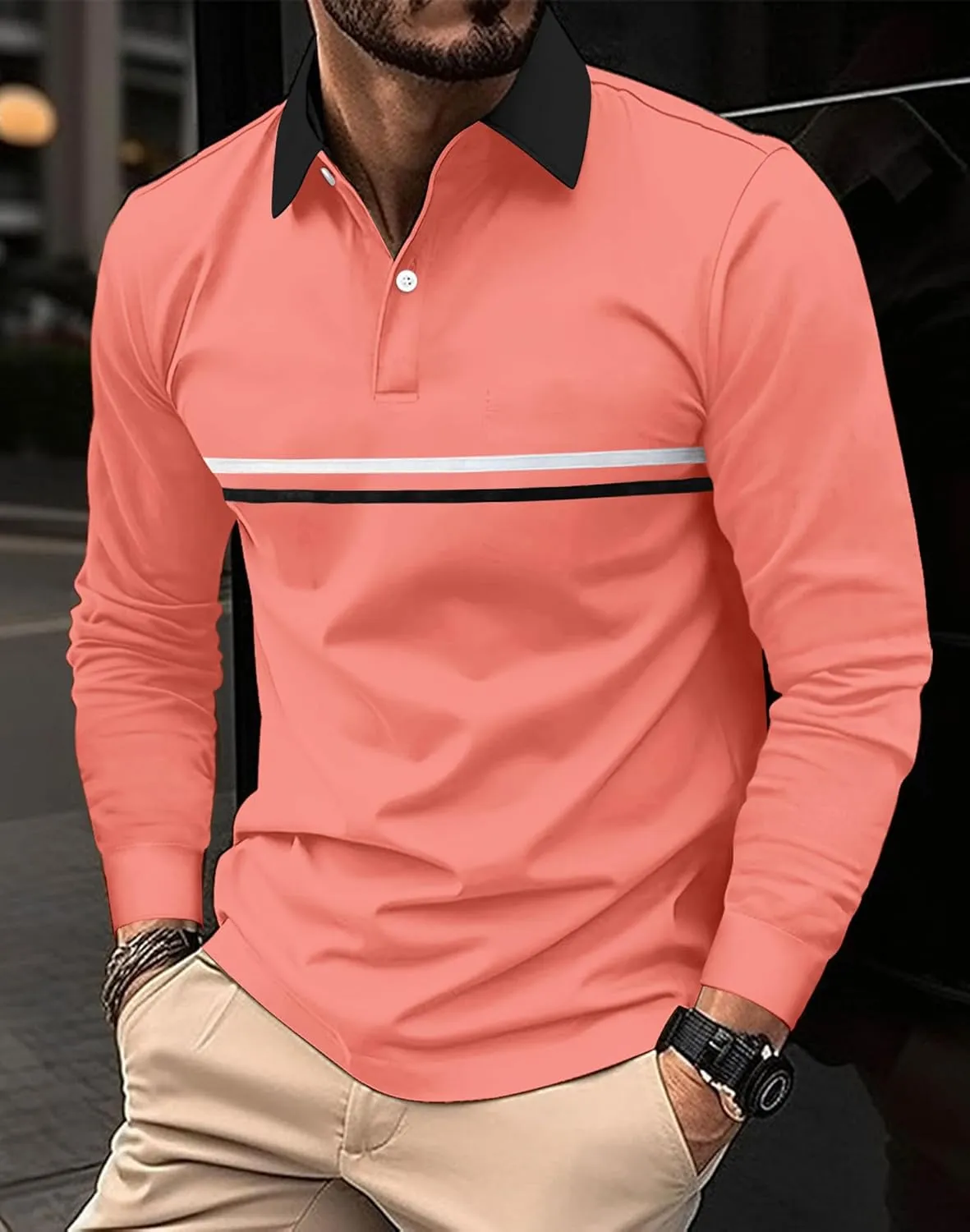 DEEX Men's Long Sleeve Polo Shirts 2025 Fashion Casual Polo T Shirt Slim Fit Shirt Collared Office Work Golf Shirt
