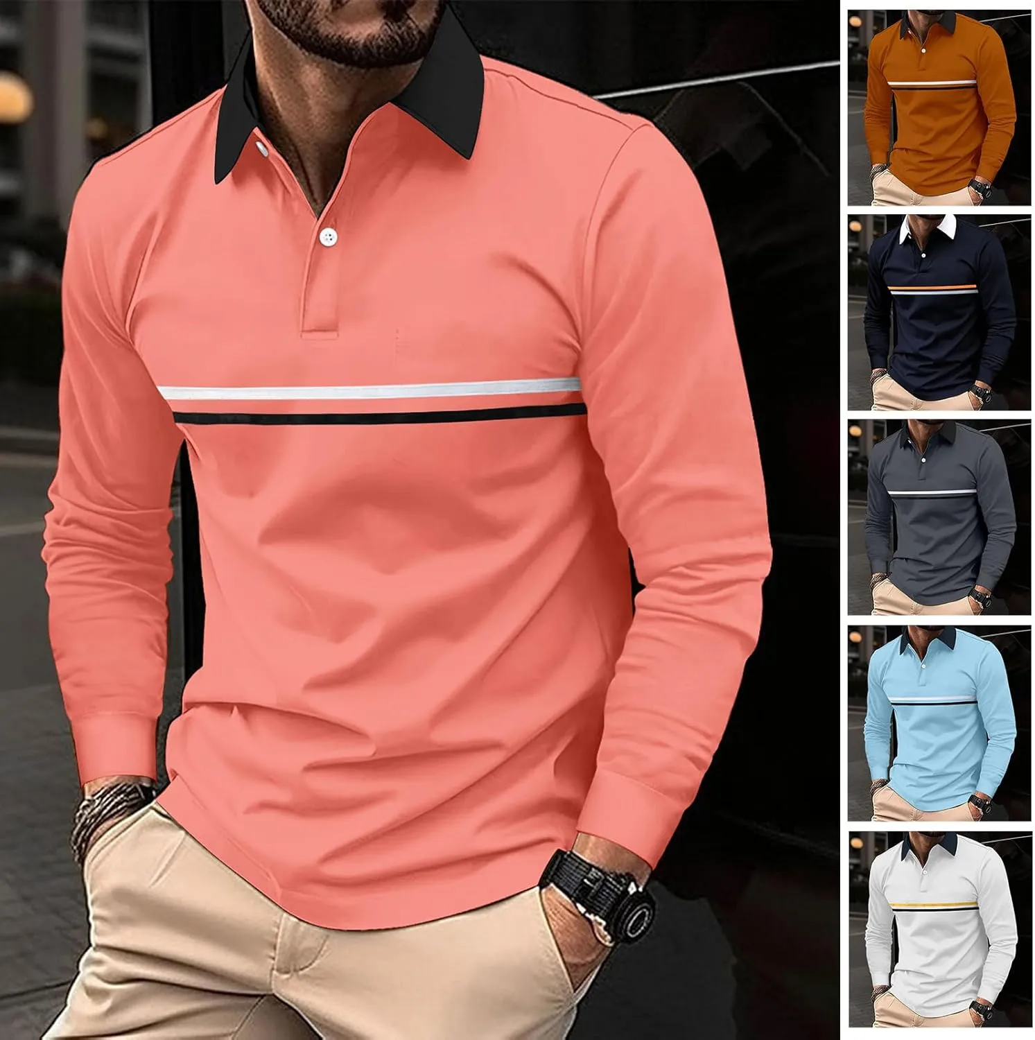 DEEX Men's Long Sleeve Polo Shirts 2025 Fashion Casual Polo T Shirt Slim Fit Shirt Collared Office Work Golf Shirt