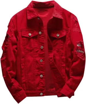 Distressed Denim Jacket Men Denim Jacket Ripped Slim Jean Jacket Coat Solid Color Button Down Trucker Jackets