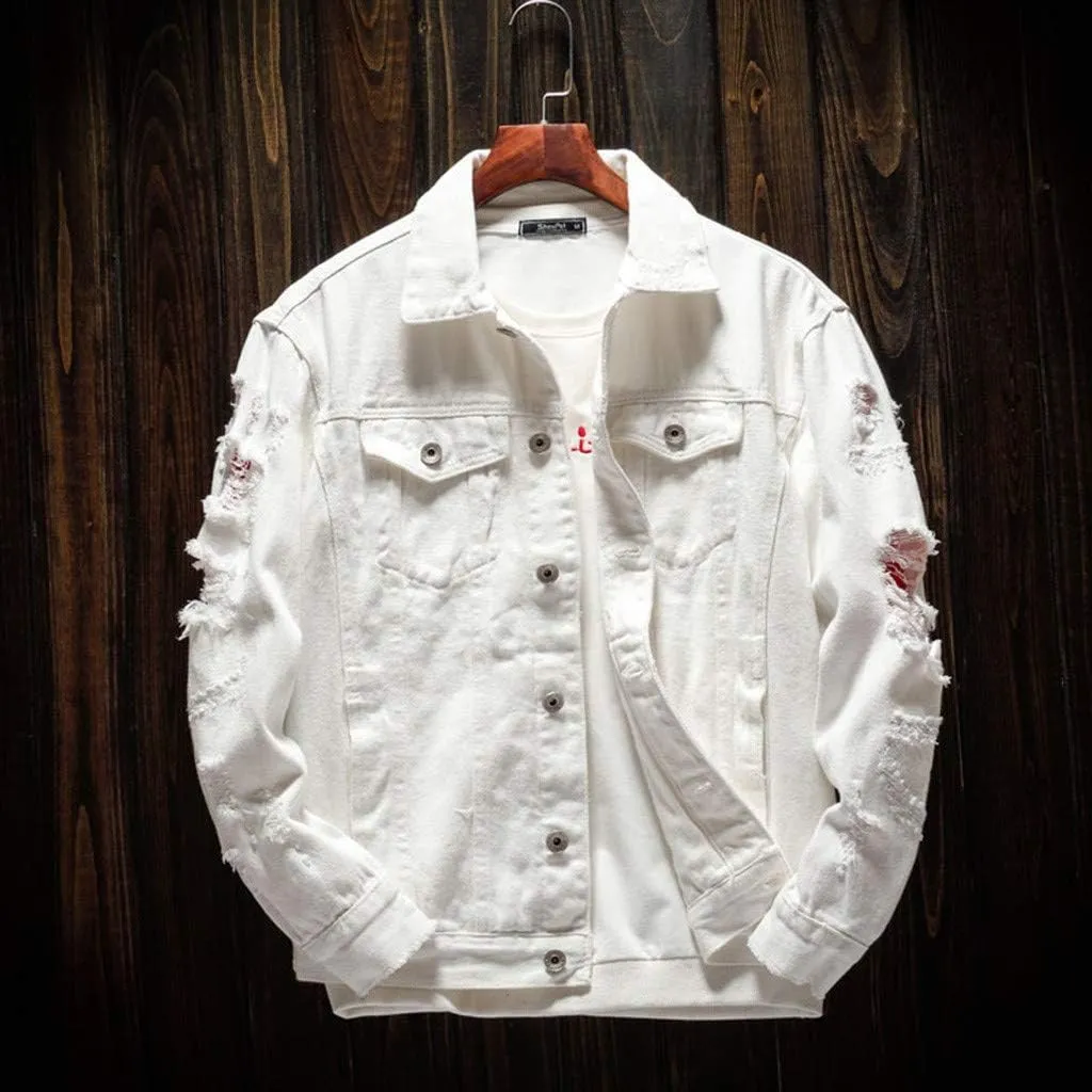 Distressed Denim Jacket Men Denim Jacket Ripped Slim Jean Jacket Coat Solid Color Button Down Trucker Jackets