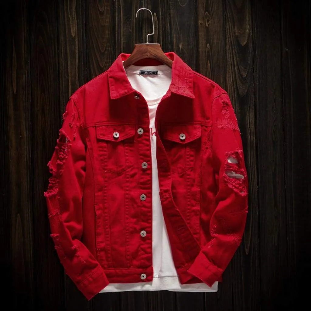 Distressed Denim Jacket Men Denim Jacket Ripped Slim Jean Jacket Coat Solid Color Button Down Trucker Jackets