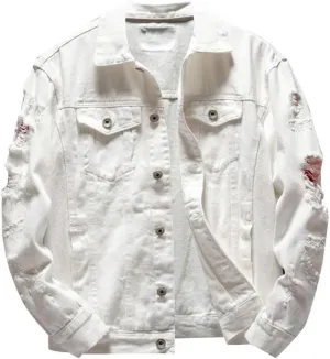 Distressed Denim Jacket Men Denim Jacket Ripped Slim Jean Jacket Coat Solid Color Button Down Trucker Jackets