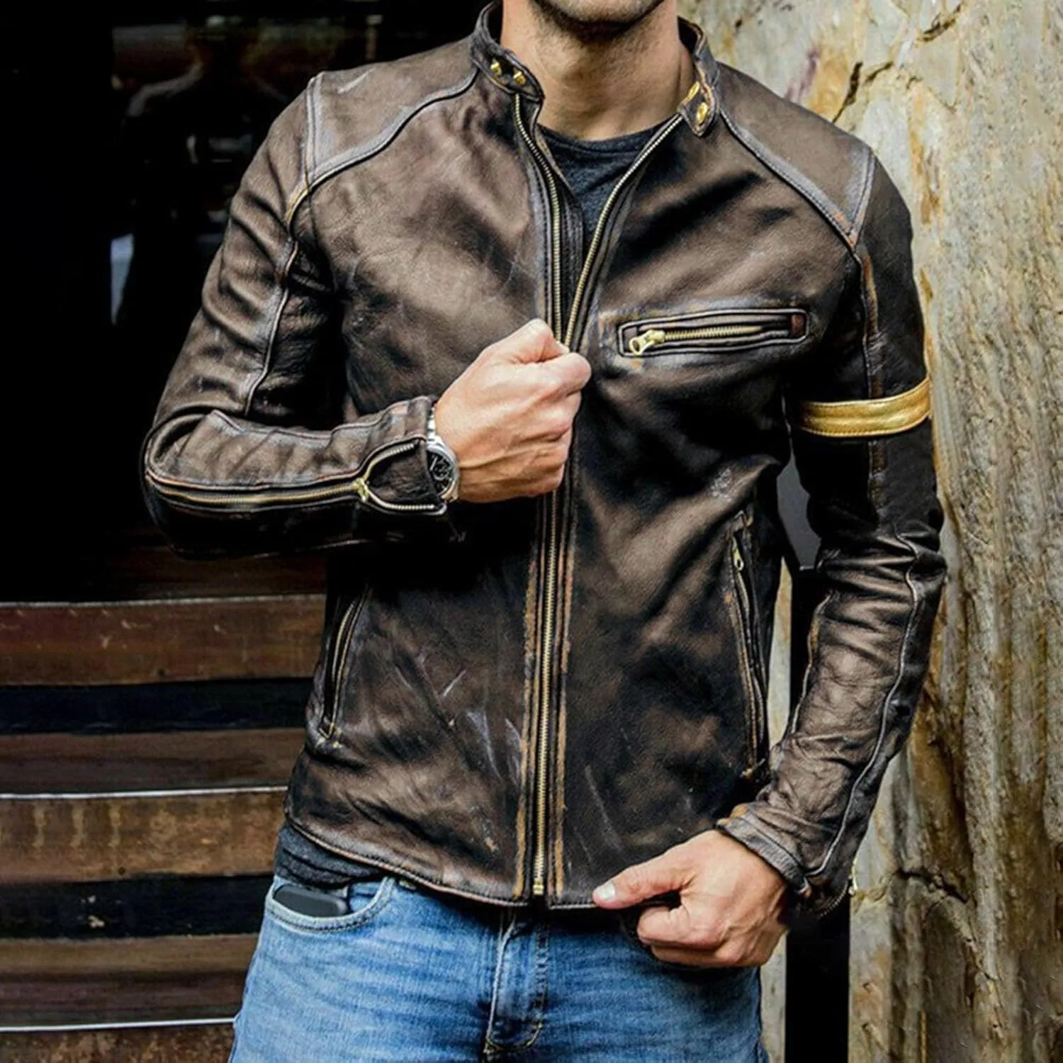 Distressed Motorcycle Jacket Men Faux Leather Slim Fit Zipper Winter Coat Vintage Lightweight Steampunk Biker Jacket