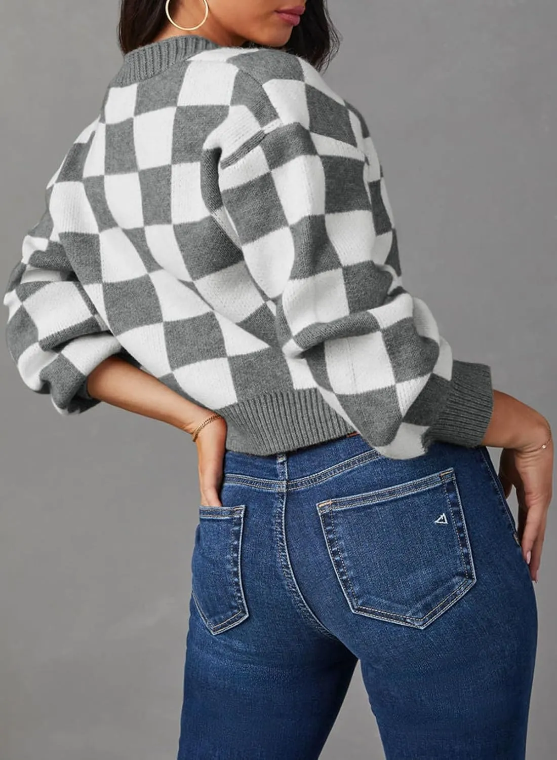 Dokotoo Womens Checkered V Neck Button Down Long Sleeve Cable Knit Cropped Cardigan Sweaters Tops