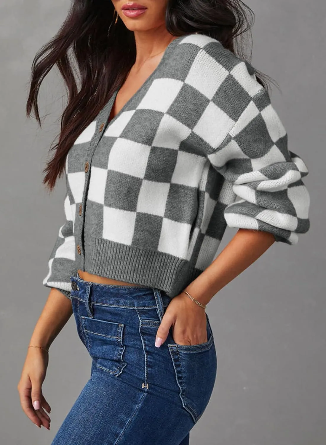 Dokotoo Womens Checkered V Neck Button Down Long Sleeve Cable Knit Cropped Cardigan Sweaters Tops