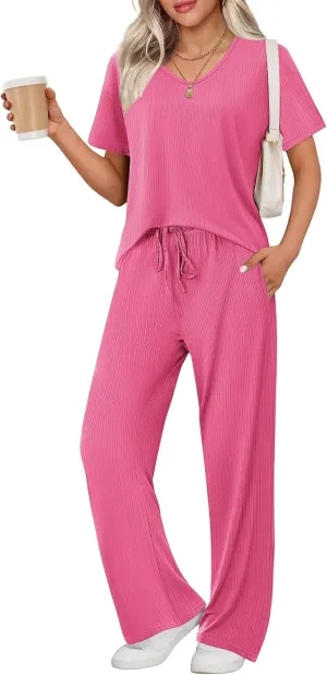 Ekouaer Womens Ribbed Knit Lounge Set Short Sleeve Top and Long Pants Sleepwear Pajama Set Two Piece Matching Outfits Set