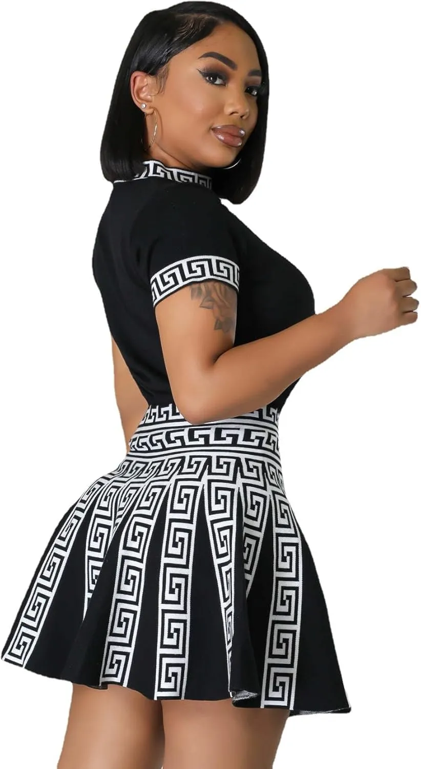 Elegant and Fashionable Knitted Skirt Set, Women's Sexy Two-Piece Set with Exposed Navel top and Pleated mini Dress Set