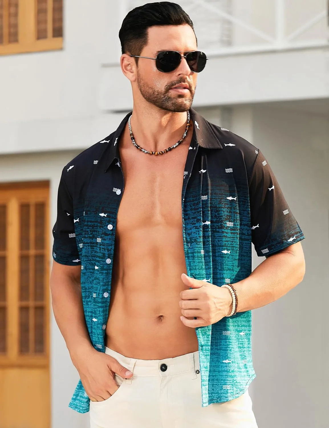 ELETOP Men's Hawaiian Shirt Summer Stretch Short Sleeve Tropical Beach Button Down Casual Shirt