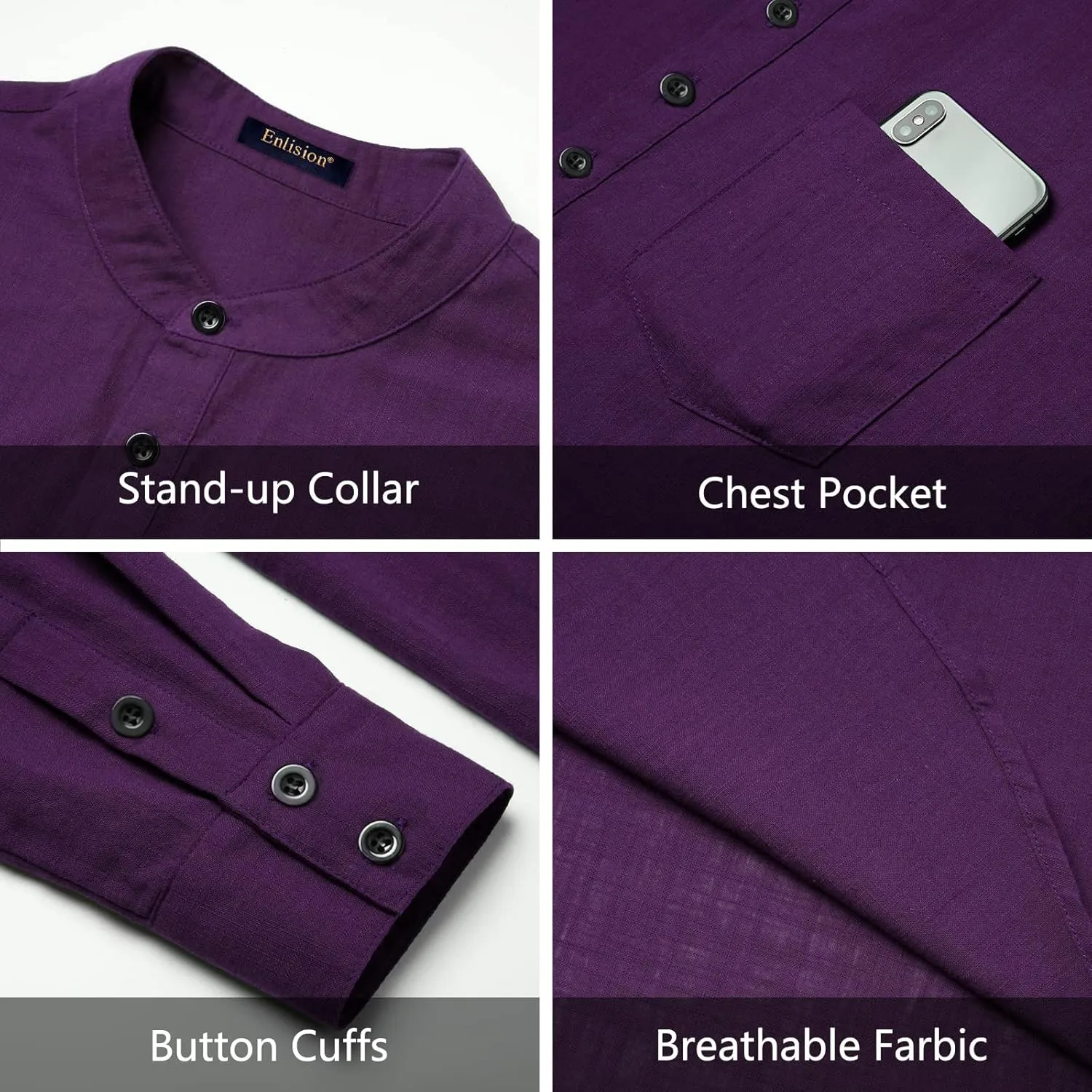 Enlision Mens Cotton Linen Henley Shirts Long Sleeve Casual Shirt Summer Beach Hippie T-Shirt Band Collar Shirt & Pocket