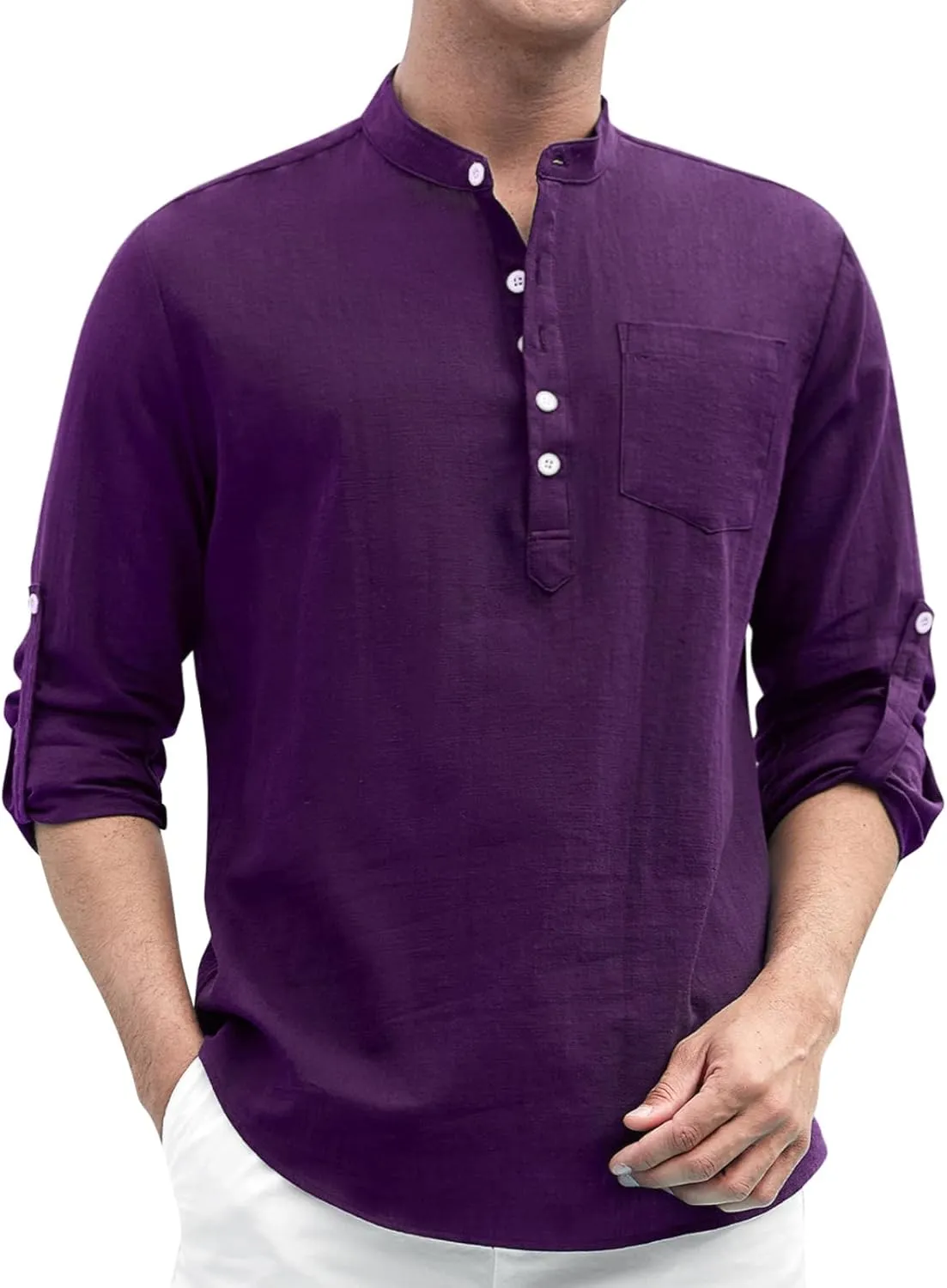 Enlision Mens Cotton Linen Henley Shirts Long Sleeve Casual Shirt Summer Beach Hippie T-Shirt Band Collar Shirt & Pocket