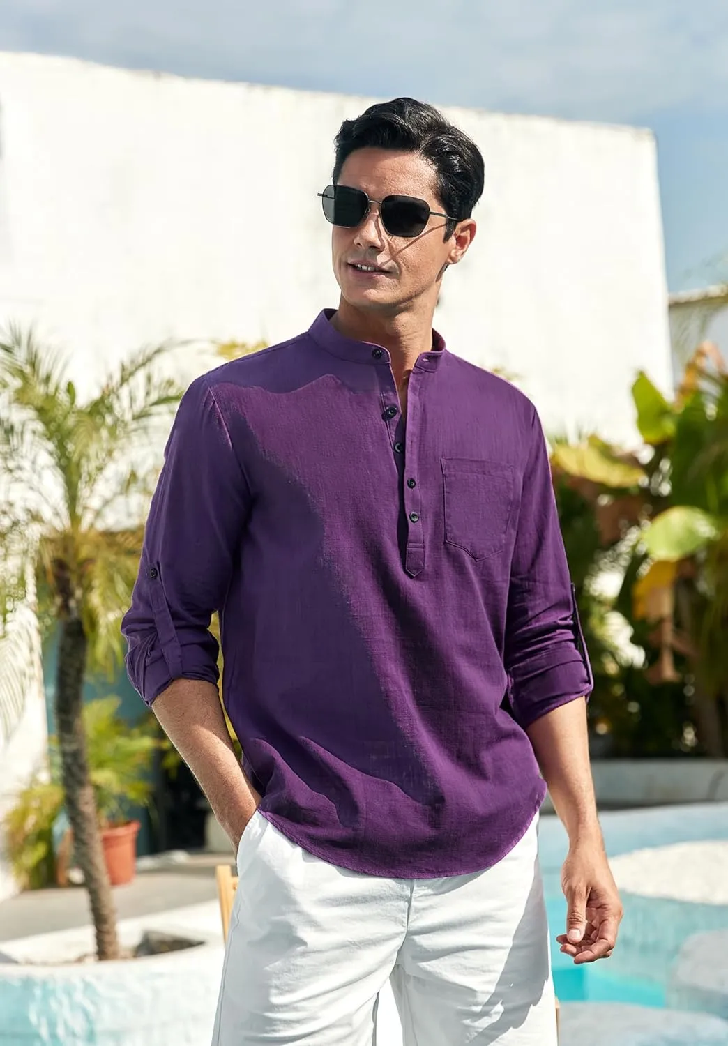 Enlision Mens Cotton Linen Henley Shirts Long Sleeve Casual Shirt Summer Beach Hippie T-Shirt Band Collar Shirt & Pocket