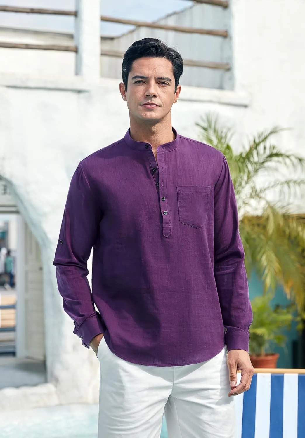 Enlision Mens Cotton Linen Henley Shirts Long Sleeve Casual Shirt Summer Beach Hippie T-Shirt Band Collar Shirt & Pocket