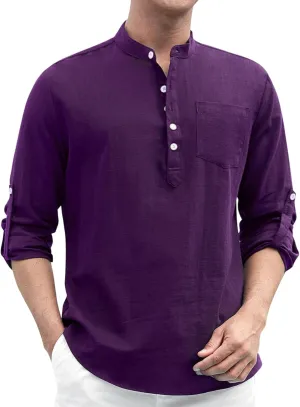 Enlision Mens Cotton Linen Henley Shirts Long Sleeve Casual Shirt Summer Beach Hippie T-Shirt Band Collar Shirt & Pocket