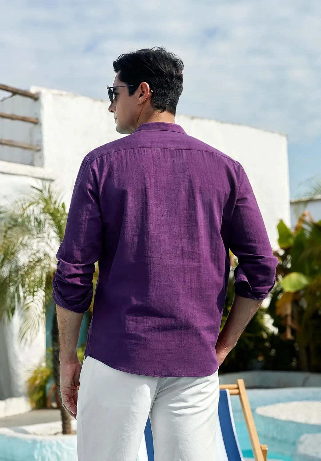 Enlision Mens Cotton Linen Henley Shirts Long Sleeve Casual Shirt Summer Beach Hippie T-Shirt Band Collar Shirt & Pocket