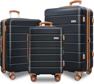 Expandable Lightweight Hardshell Luggage Set with TSA LockDurable Spinner Suitcase Set for Travel, 3-PieceBlack-Brown
