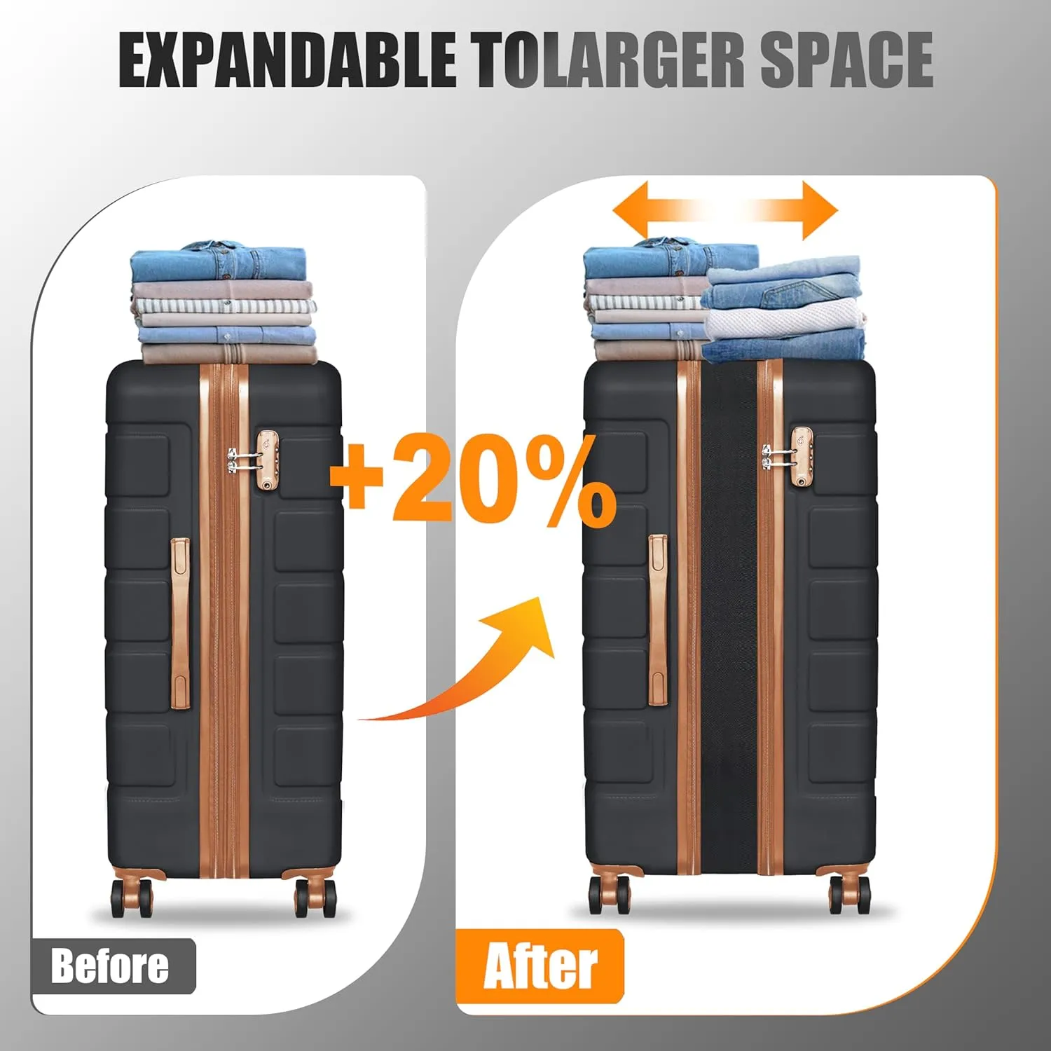 Expandable Lightweight Hardshell Luggage Set with TSA LockDurable Spinner Suitcase Set for Travel, 3-PieceBlack-Brown