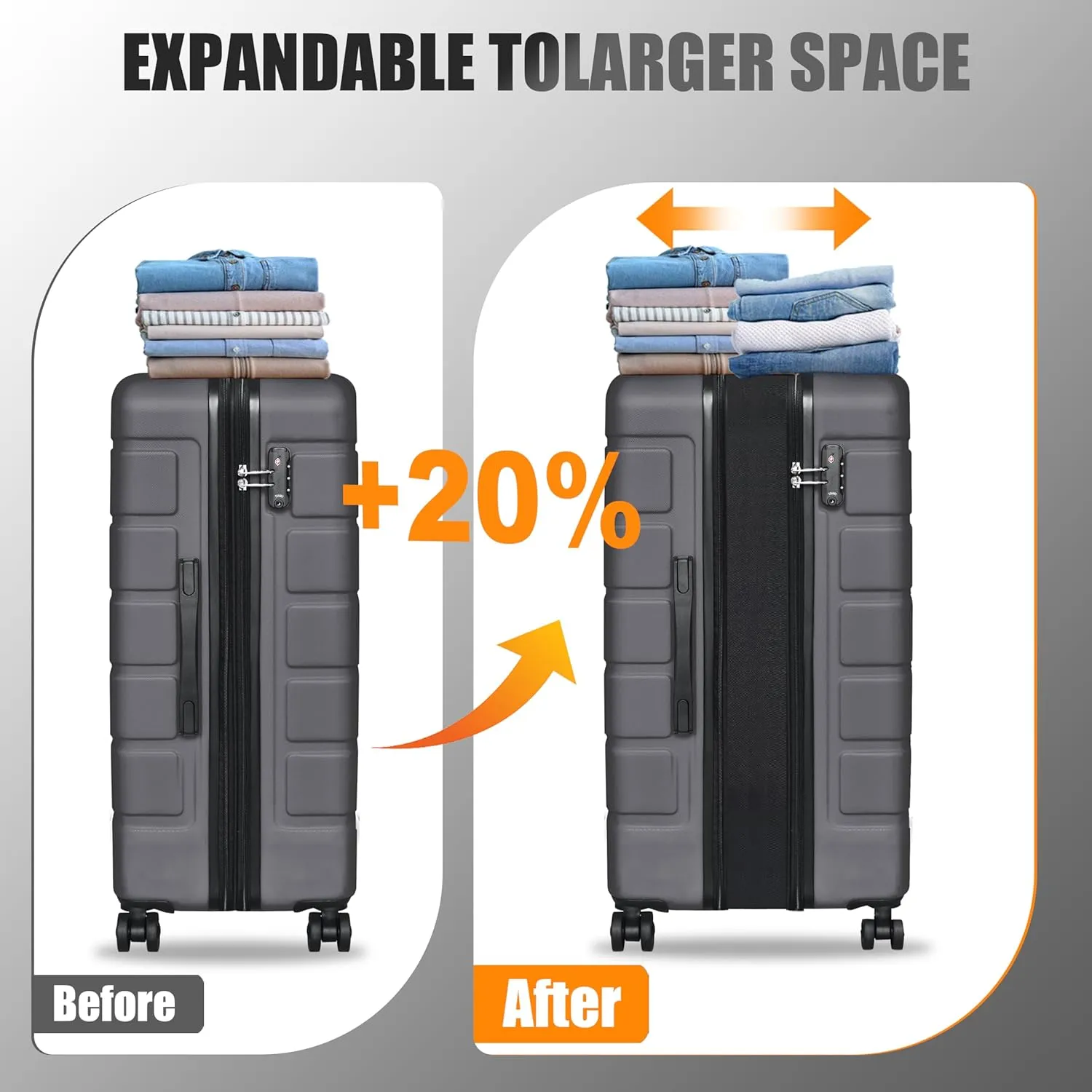 Expandable Lightweight Hardshell Luggage Set with TSA LockDurable Spinner Suitcase Set for Travel, 3-PieceGrey