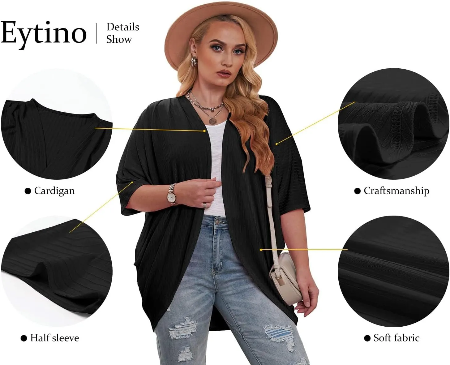 Eytino Womens Plus Size Summer Cardigan Casual Half Sleeve Ruched Open Front Cardigans Tops(1X-5X)