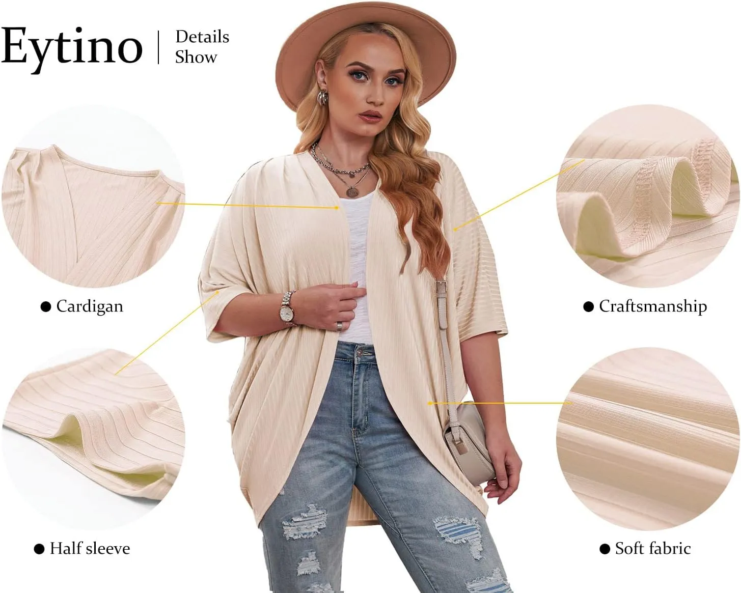 Eytino Womens Plus Size Summer Cardigan Casual Half Sleeve Ruched Open Front Cardigans Tops(1X-5X)