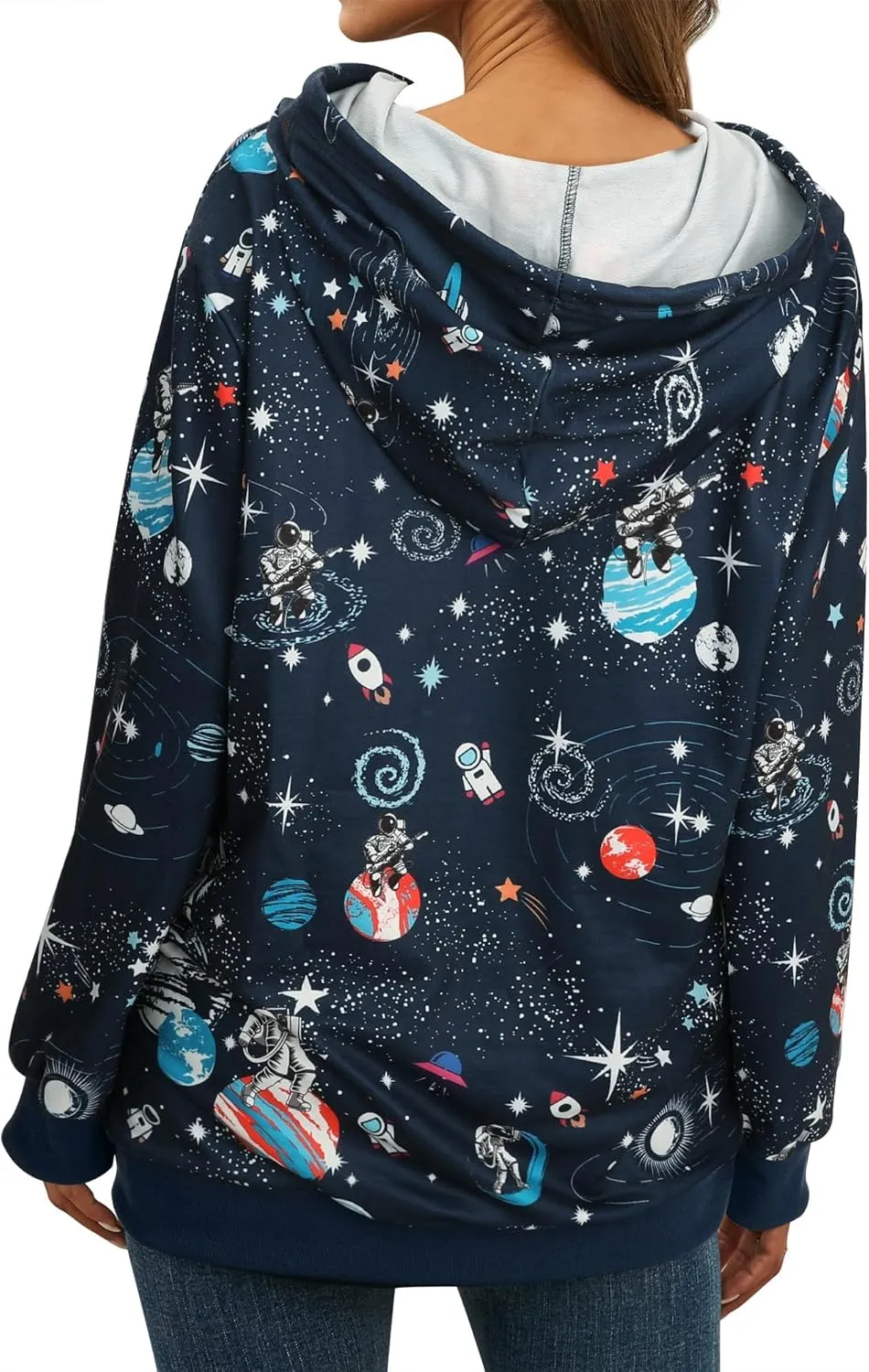 Ezcosplay Women Long Sleeve Space Astronaut Graphic Hoodies Casual Drawstring Pullover Hooded Sweatshirts with Pocket