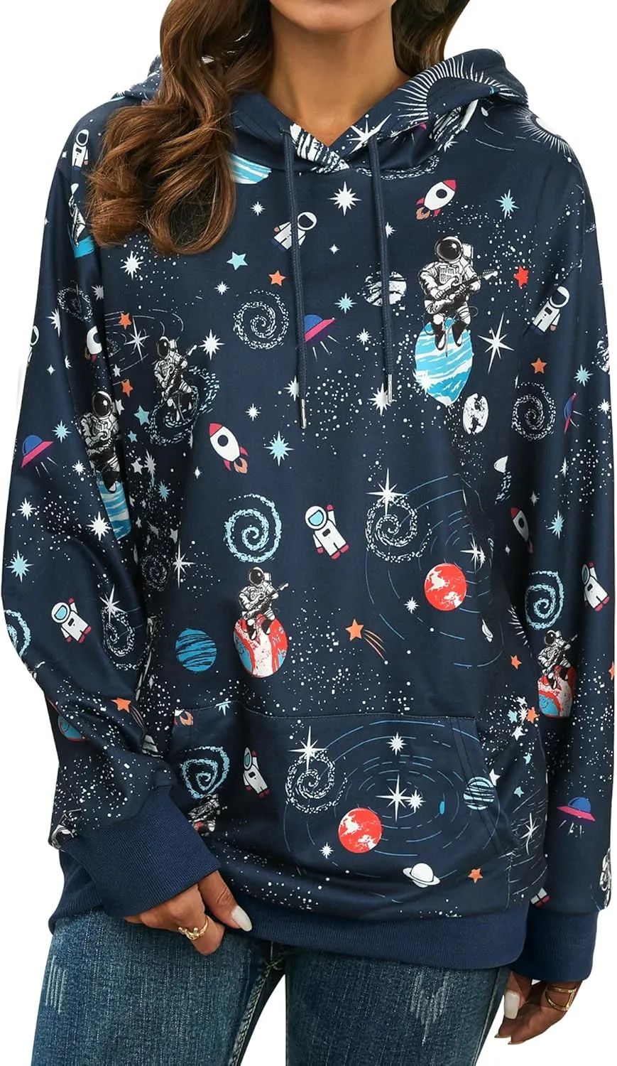 Ezcosplay Women Long Sleeve Space Astronaut Graphic Hoodies Casual Drawstring Pullover Hooded Sweatshirts with Pocket