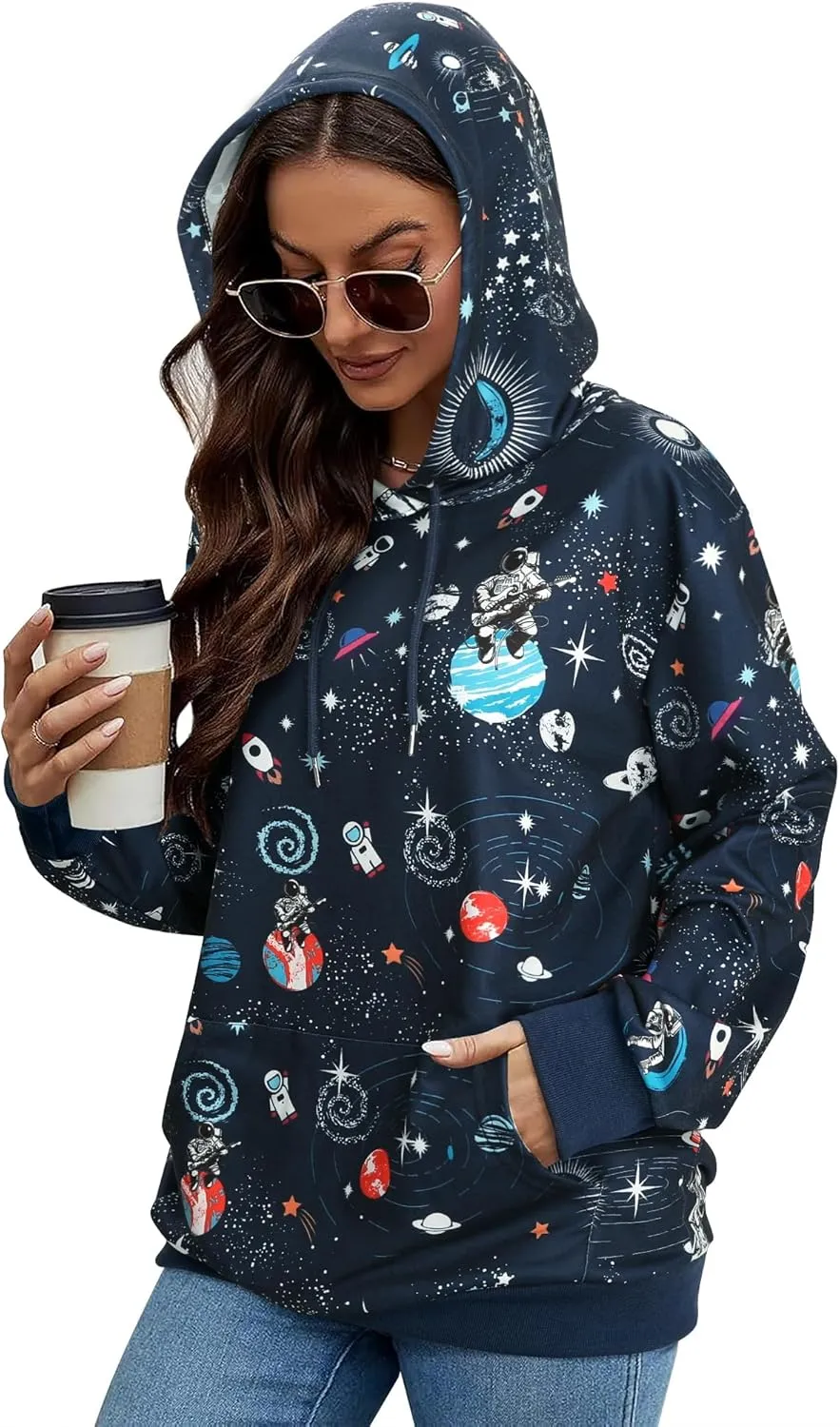 Ezcosplay Women Long Sleeve Space Astronaut Graphic Hoodies Casual Drawstring Pullover Hooded Sweatshirts with Pocket
