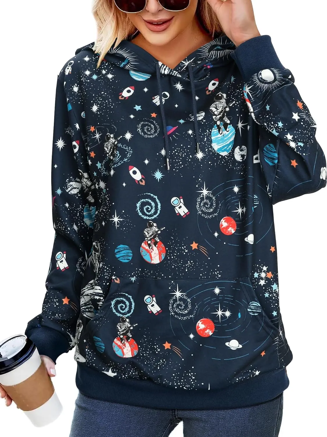 Ezcosplay Women Long Sleeve Space Astronaut Graphic Hoodies Casual Drawstring Pullover Hooded Sweatshirts with Pocket