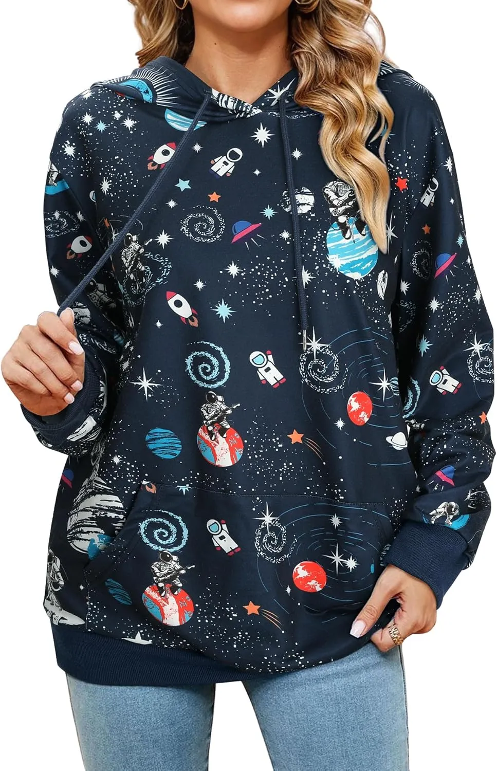 Ezcosplay Women Long Sleeve Space Astronaut Graphic Hoodies Casual Drawstring Pullover Hooded Sweatshirts with Pocket