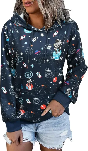 Ezcosplay Women Long Sleeve Space Astronaut Graphic Hoodies Casual Drawstring Pullover Hooded Sweatshirts with Pocket