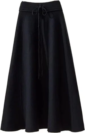 Fashion Winter Women's Solid Wool Elastic High Waist Lacing Pleated Office Lady Mid-Length A-line Knitted Skirt