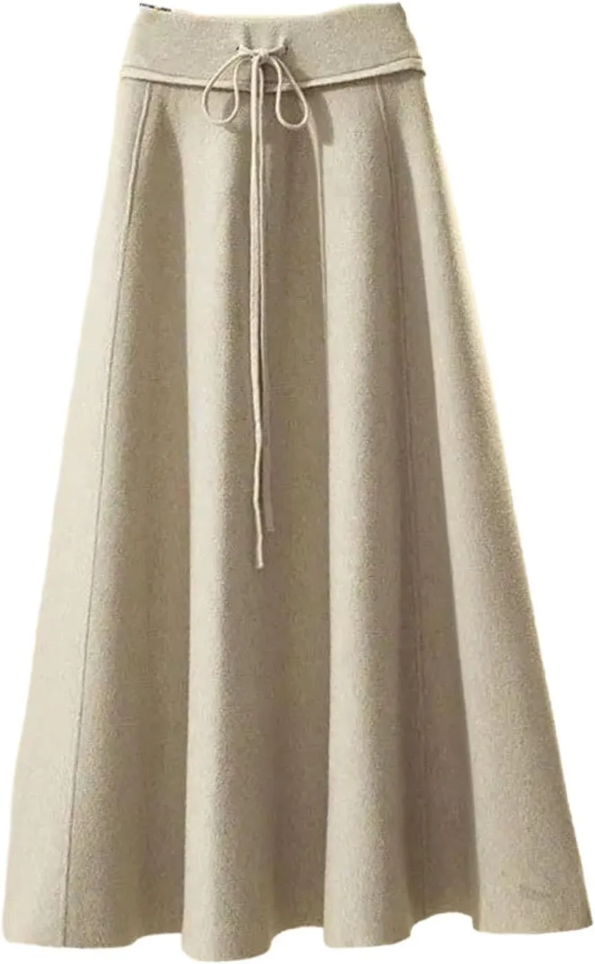 Fashion Winter Women's Solid Wool Elastic High Waist Lacing Pleated Office Lady Mid-Length A-line Knitted Skirt