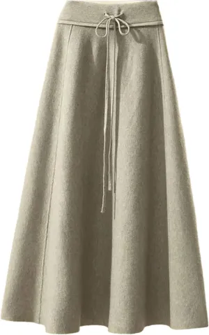 Fashion Winter Women's Solid Wool Elastic High Waist Lacing Pleated Office Lady Mid-Length A-line Knitted Skirt