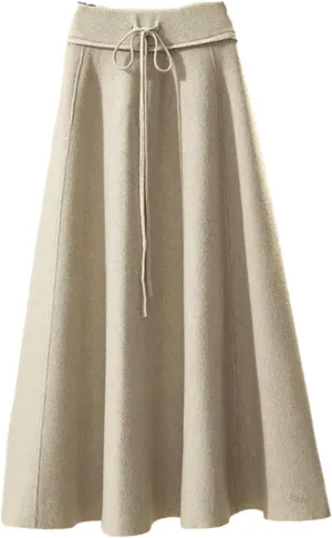 Fashion Winter Women's Solid Wool Elastic High Waist Lacing Pleated Office Lady Mid-Length A-line Knitted Skirt