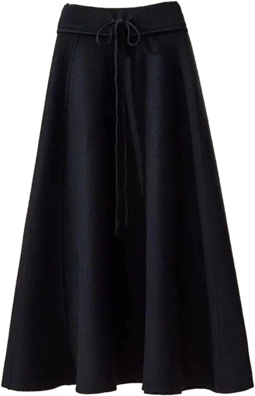 Fashion Winter Women's Solid Wool Elastic High Waist Lacing Pleated Office Lady Mid-Length A-line Knitted Skirt