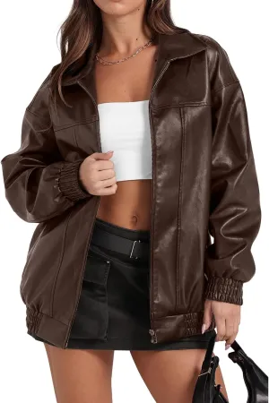 Faux Leather Jacket Women Oversized Leather Bomber Jackets Faux Suede Fall Fashion Motorcycle Coats Black Biker Outfit