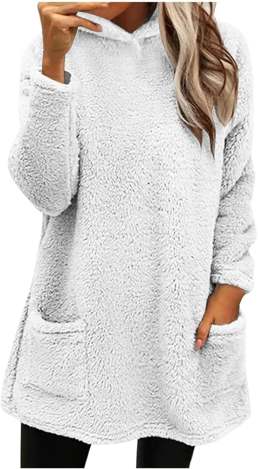 Fleece Hoodies for Women 2024 Long Sleeve Fuzzy Sherpa Sweatshirts Pullover Casual Winter Warm Loungewear with Pocket