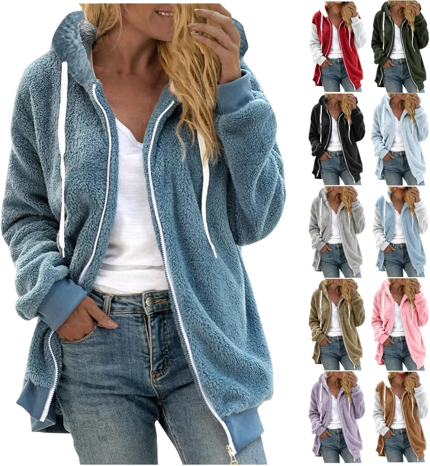 Fleece Jacket for Women Winter Sherpa Jacket Fuzzy Hoodie Jacket Zip Up Fleece Jacket Plus Size Warm Jacket