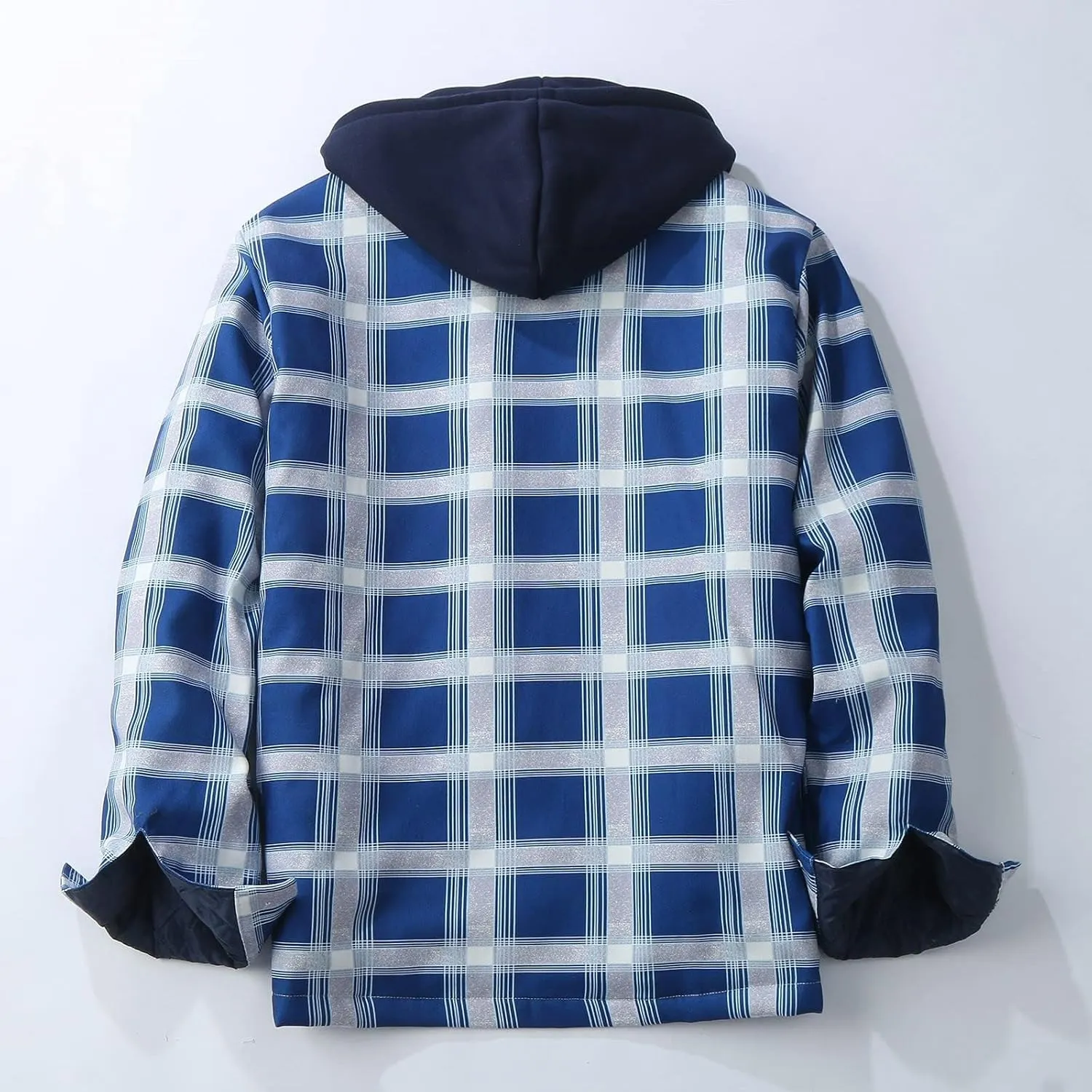 Fleece Lined Plaid Hooded Jackets for Mens Long Sleeves Cotton Padded Coat Casual Outwear Thicken Warm Tops