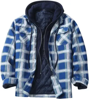 Fleece Lined Plaid Hooded Jackets for Mens Long Sleeves Cotton Padded Coat Casual Outwear Thicken Warm Tops