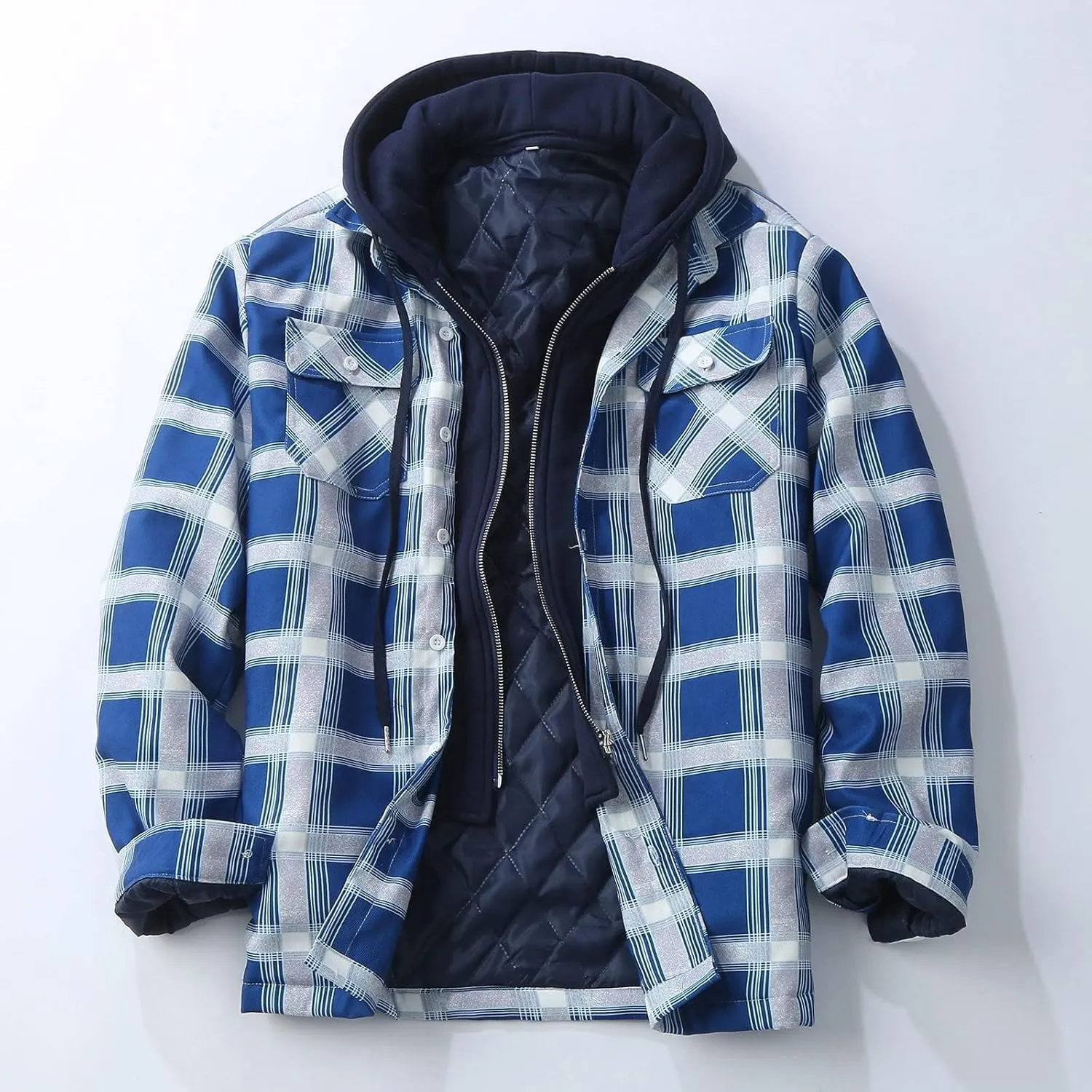 Fleece Lined Plaid Hooded Jackets for Mens Long Sleeves Cotton Padded Coat Casual Outwear Thicken Warm Tops