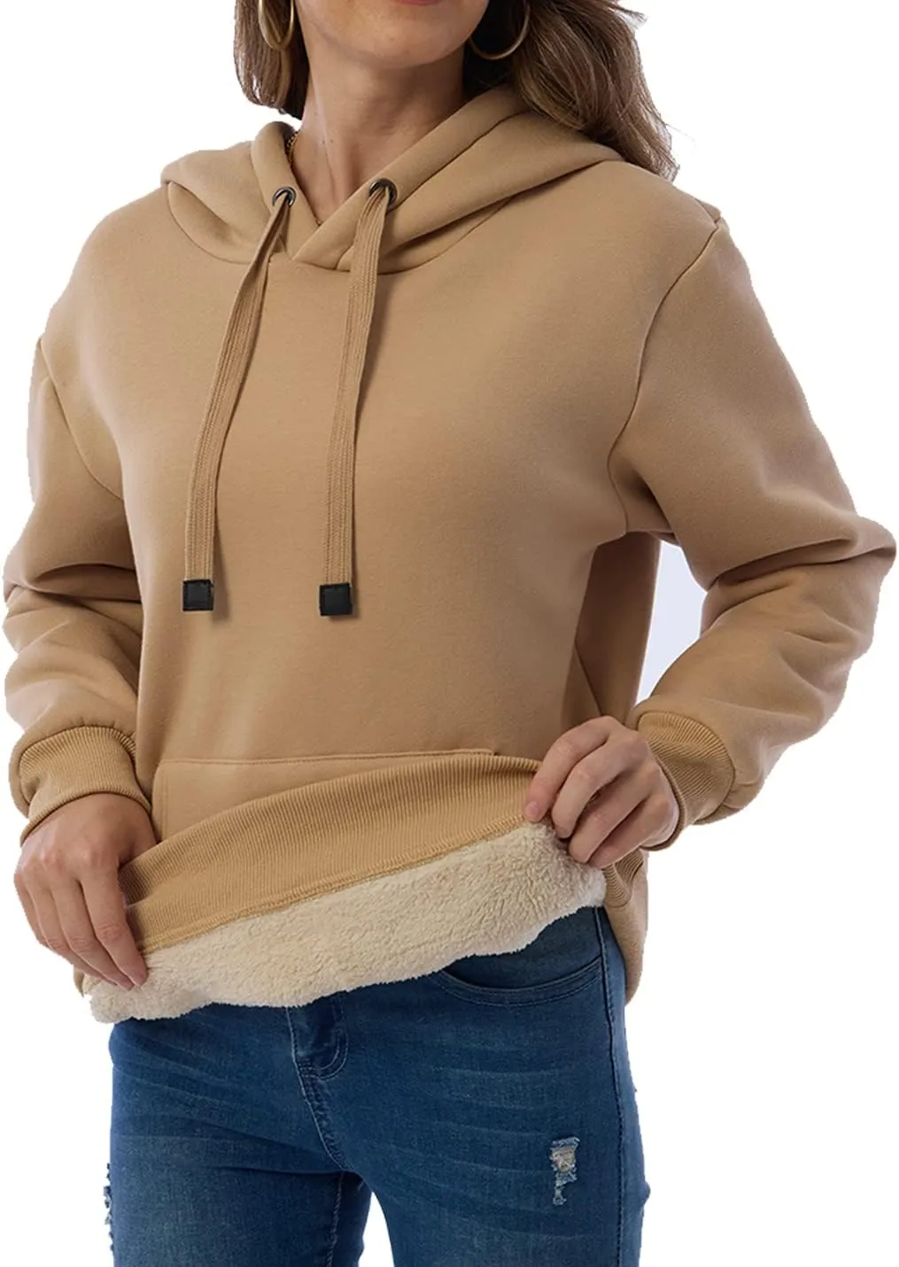 Gnveub Women's Casual Winter Warm Fleece Sherpa Lined Hooded Sweatshirt Thick Pullover Plus with Pockets