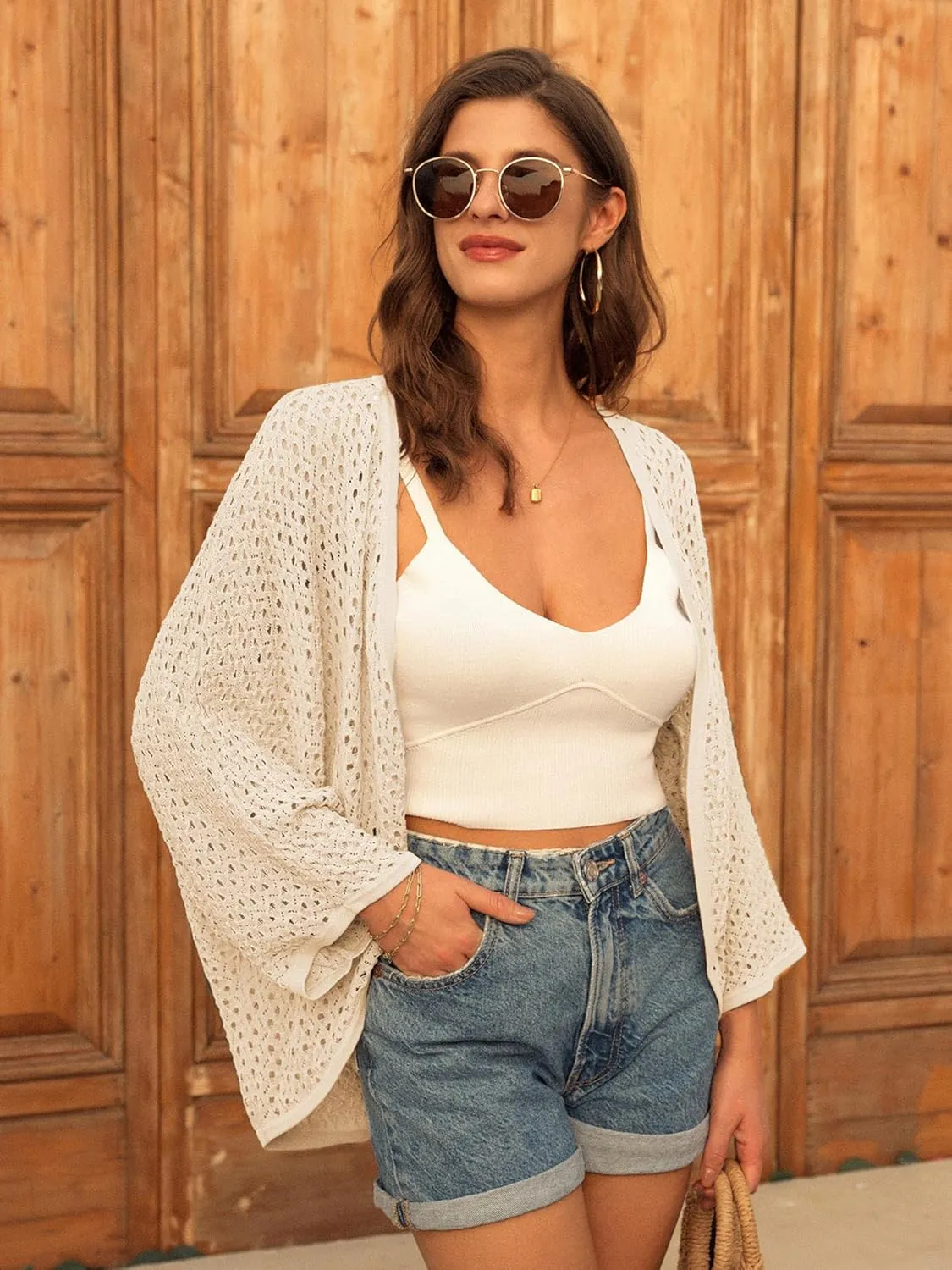 GRACE KARIN Open Front 3/4 Sleeve Batwing Cardigan for Women Lightweight Crochet Summer Cardigan Hollow-Out Cover Ups