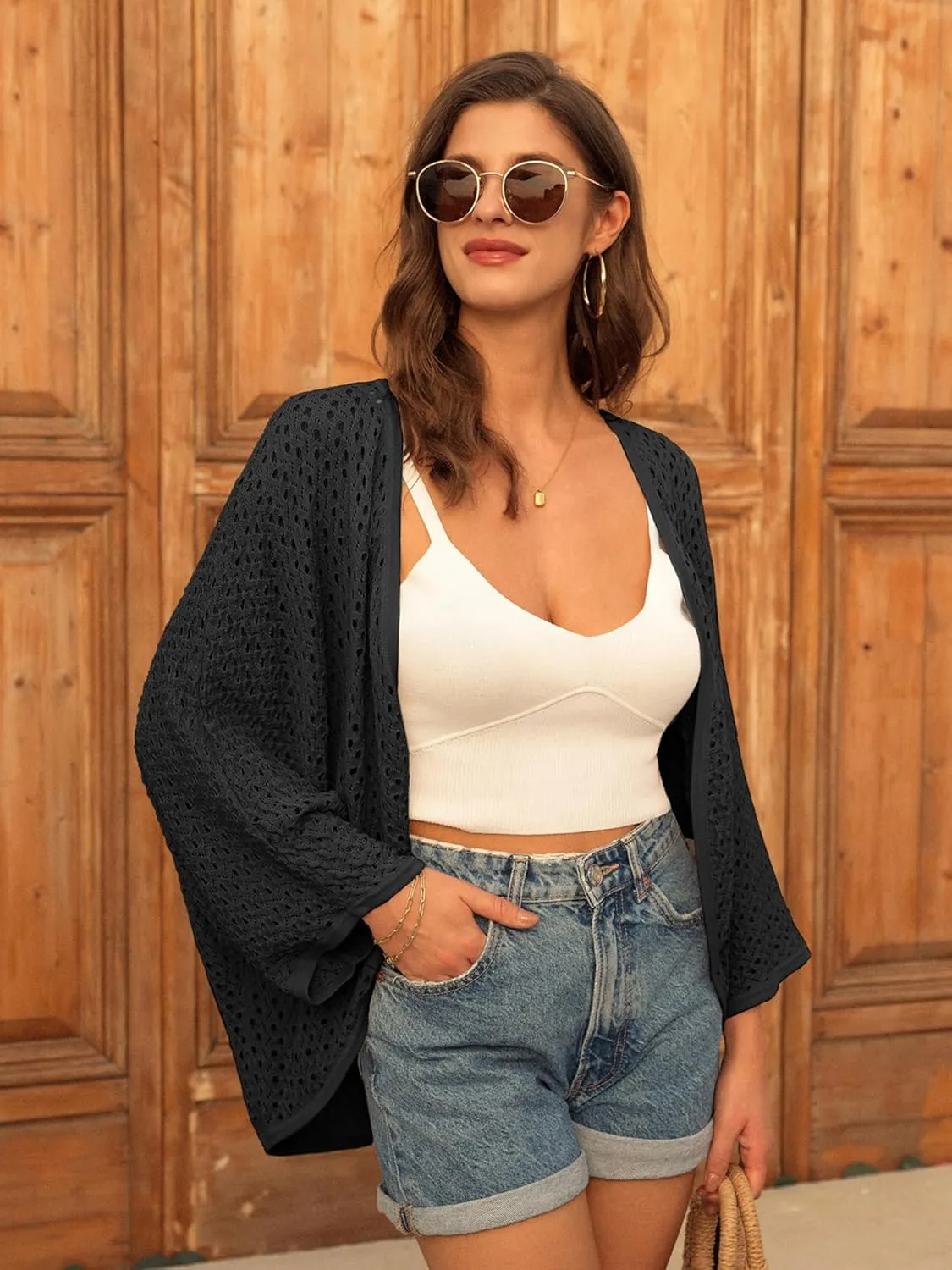 GRACE KARIN Open Front 3/4 Sleeve Batwing Cardigan for Women Lightweight Crochet Summer Cardigan Hollow-Out Cover Ups