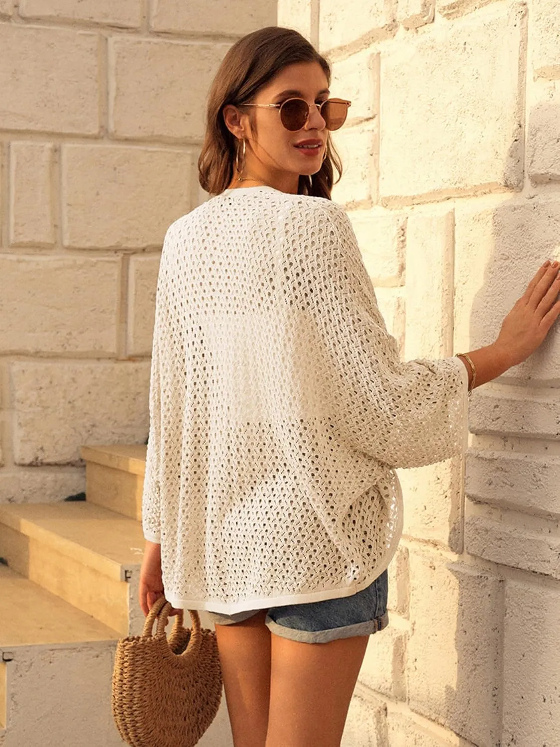 GRACE KARIN Open Front 3/4 Sleeve Batwing Cardigan for Women Lightweight Crochet Summer Cardigan Hollow-Out Cover Ups